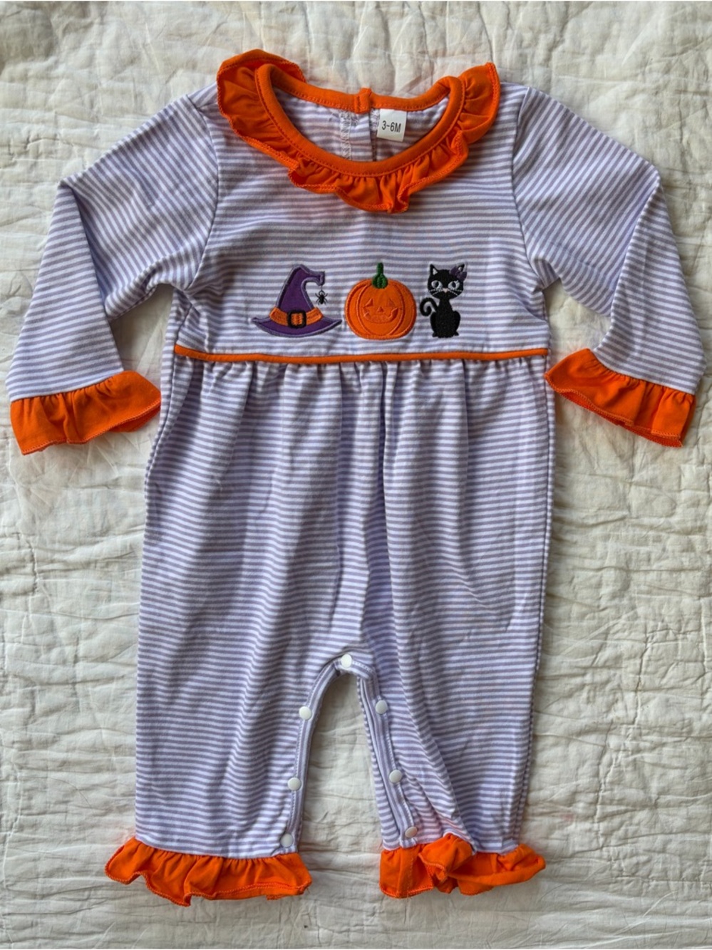 Halloween Stripe Ruffle Baby One-Piece Romper with embroidered patch detail, 3-6